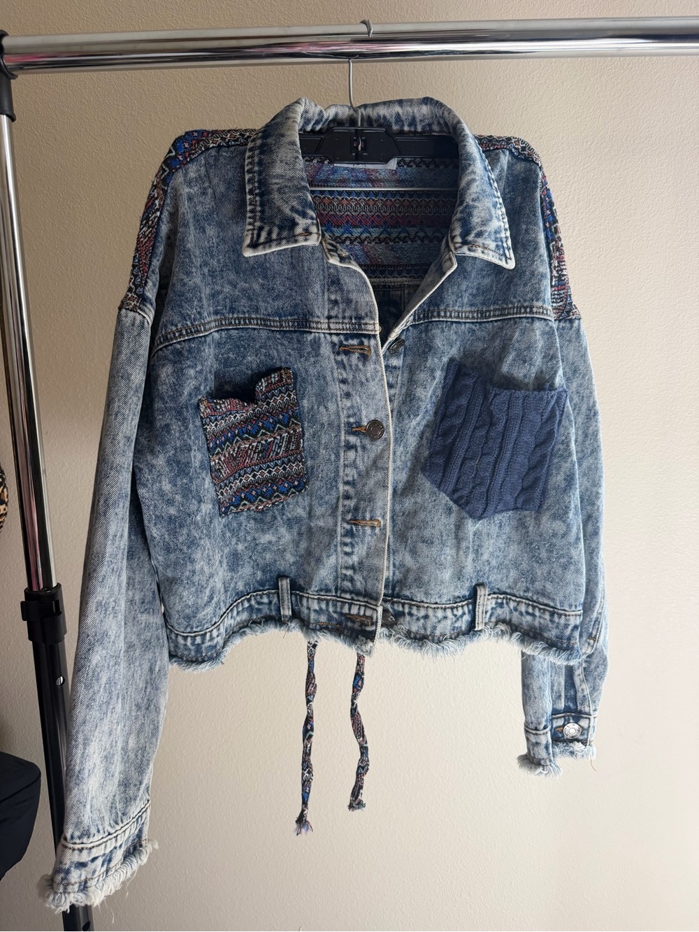 Blue Acid-Wash Denim Jacket with Knit Patch Details